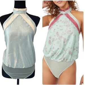 NEW Free People satin bodysuit halter handkerchief thong tank top open back tie